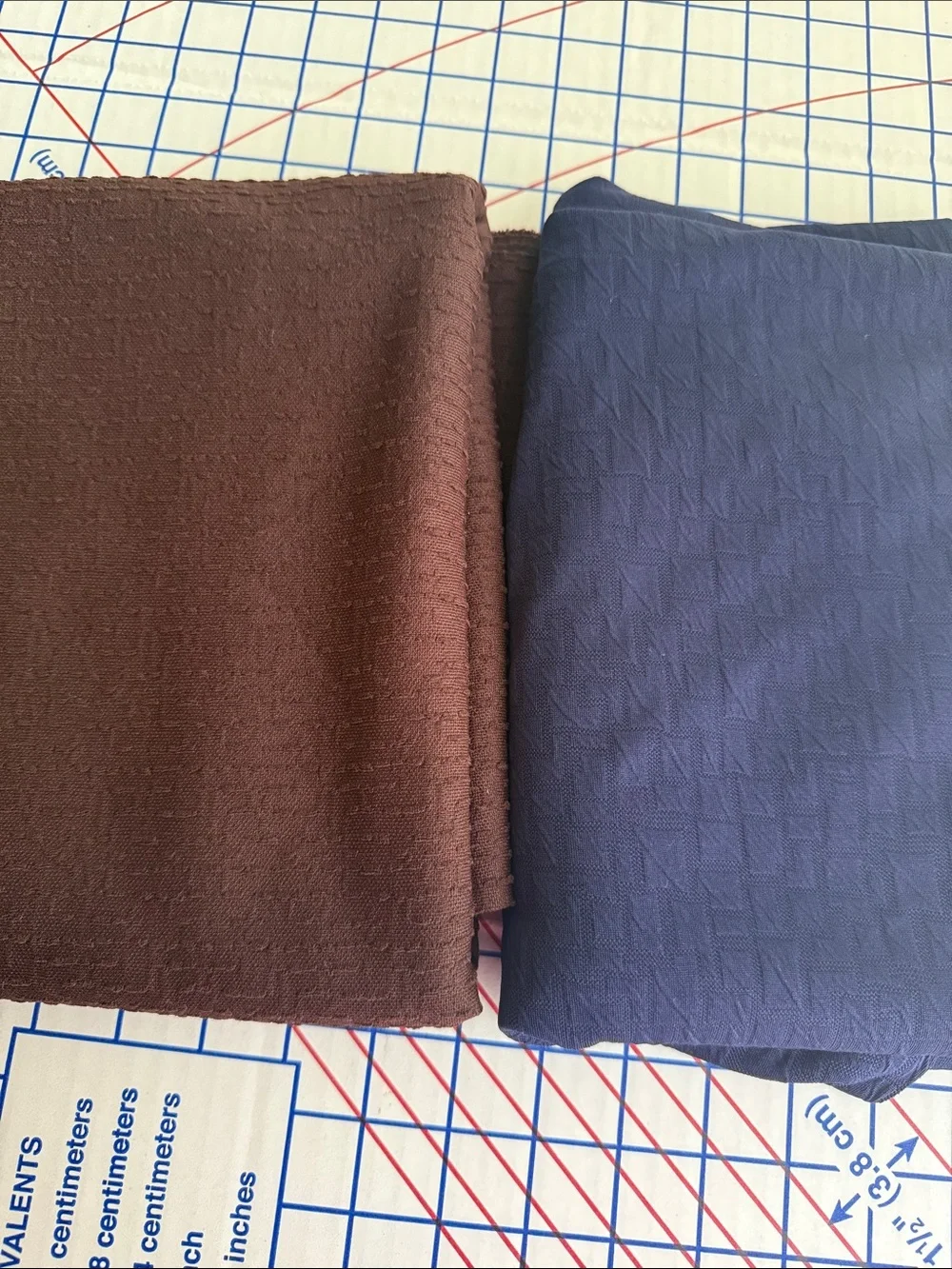 2 Textured Polyester Fabric Remnants Navy Stretch & Brown Textured Woven 1980s